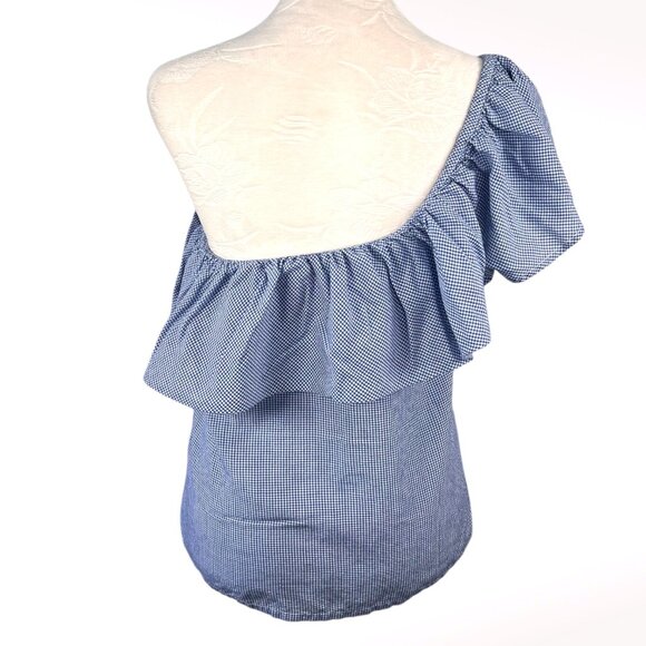 Joes Jeans One Shoulder Blouse Gingham Ruffle Blue White Size Small - Picture 5 of 8